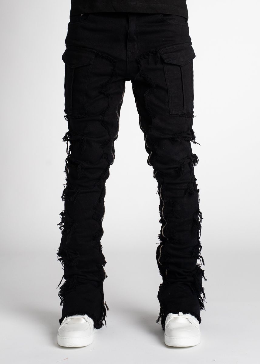 Guapi Obsidian Black Stacked Denim Jeans Zippers