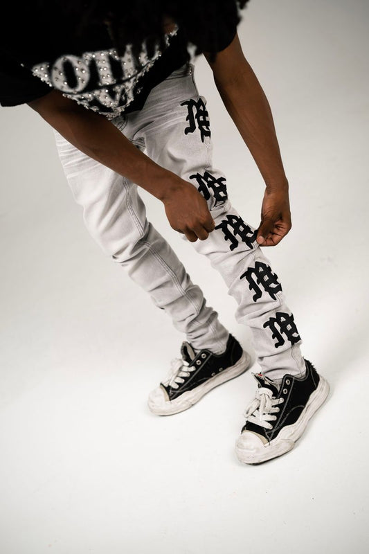 Mixed Emotion Monogram Denim Grey Wash Jeans