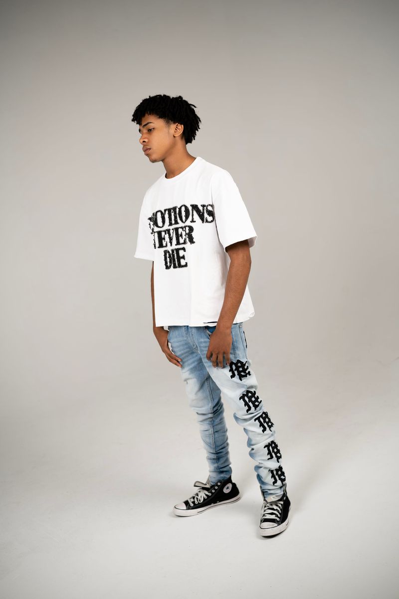 Mixed Emotion Monogram Denim Light Blue Wash Jeans