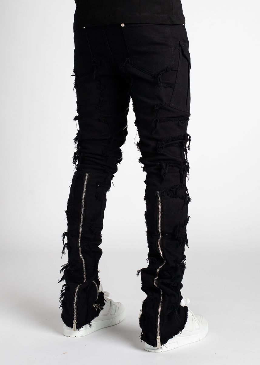 Guapi Obsidian Black Stacked Denim Jeans Zippers
