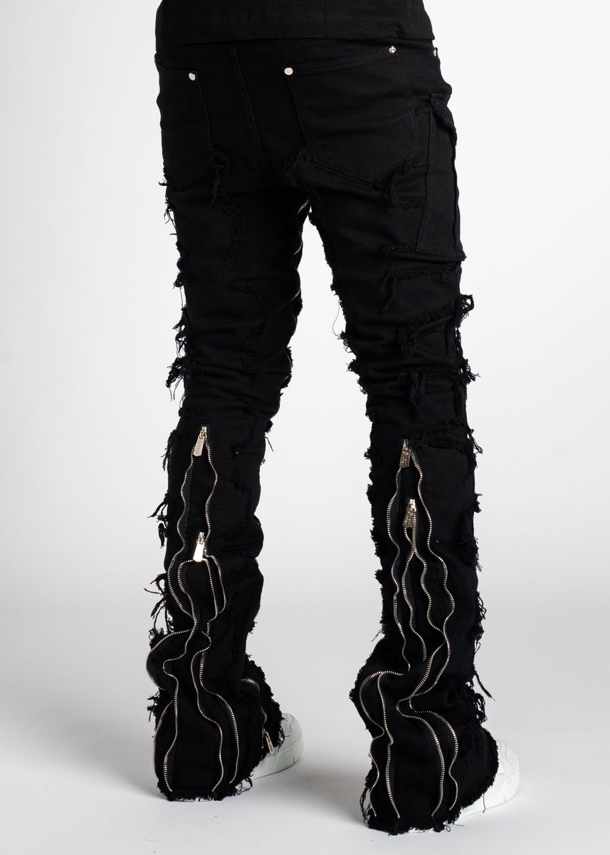 Guapi Obsidian Black Stacked Denim Jeans Zippers