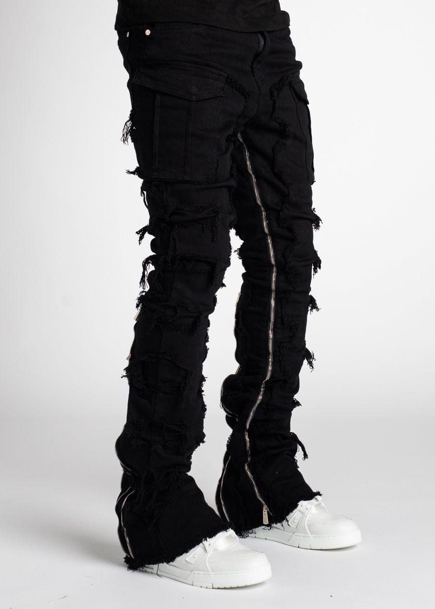 Guapi Obsidian Black Stacked Denim Jeans Zippers