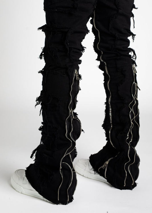 Guapi Obsidian Black Stacked Denim Jeans Zippers