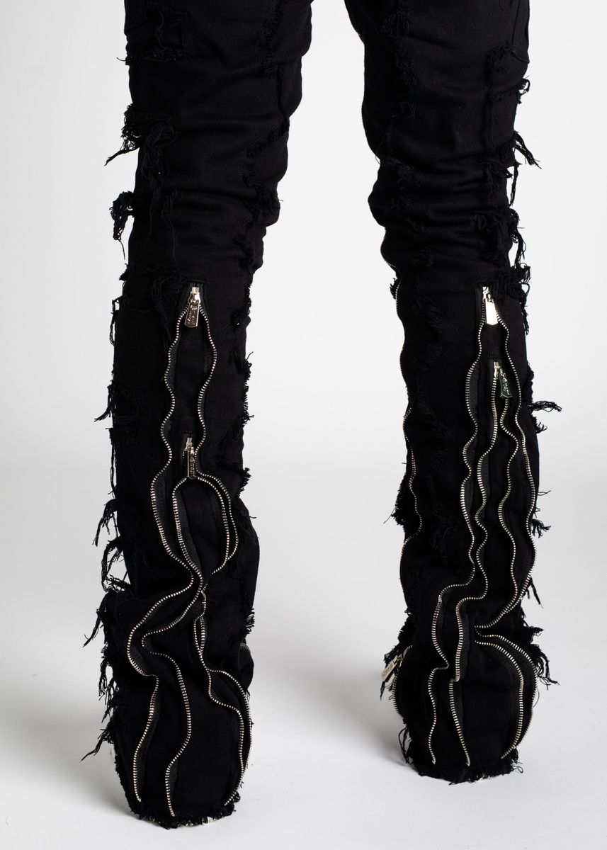 Guapi Obsidian Black Stacked Denim Jeans Zippers