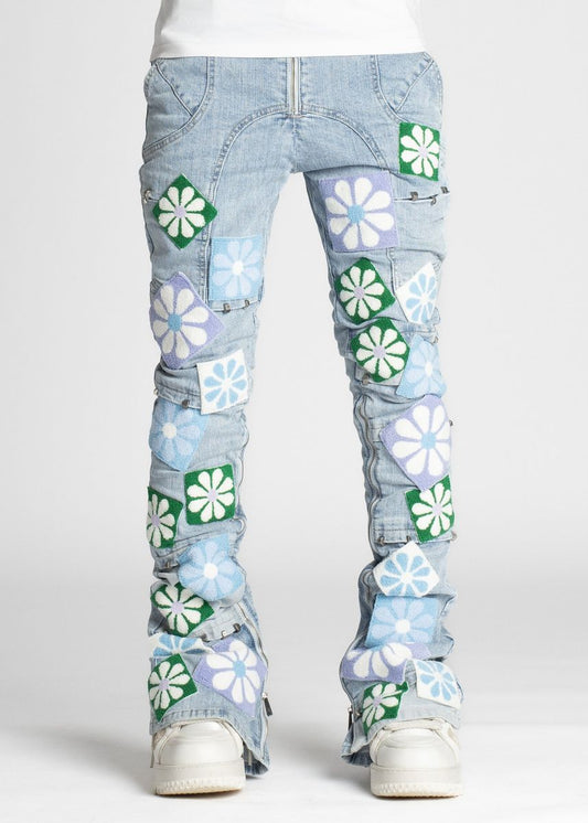 Guapi Aqua Blue Flowers Denim Jeans