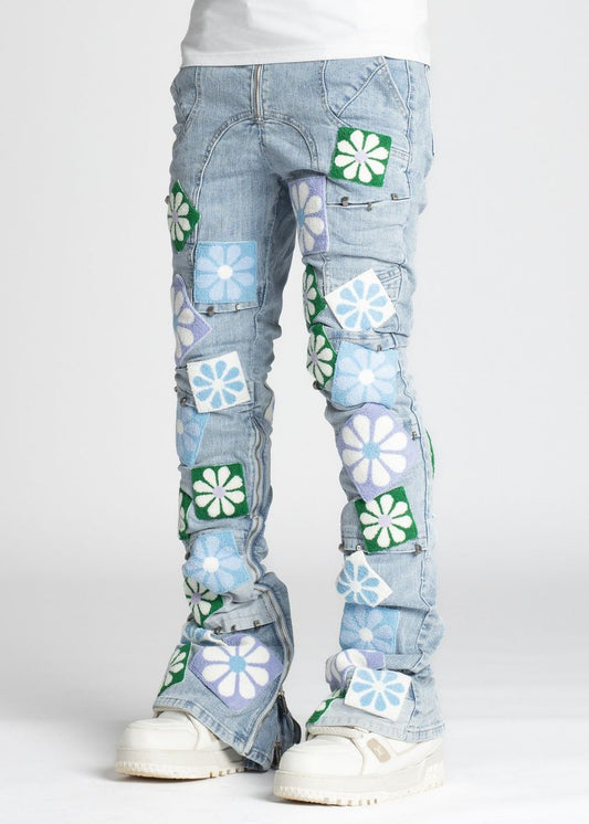 Guapi Aqua Blue Flowers Denim Jeans