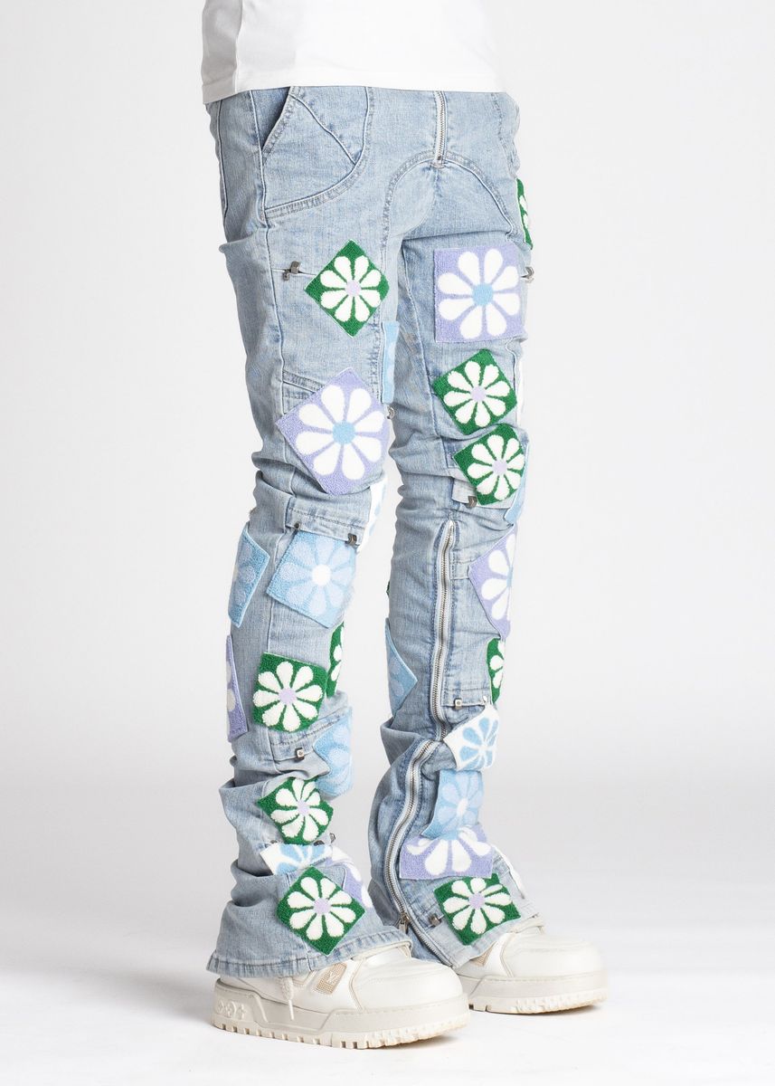 Guapi Aqua Blue Flowers Denim Jeans