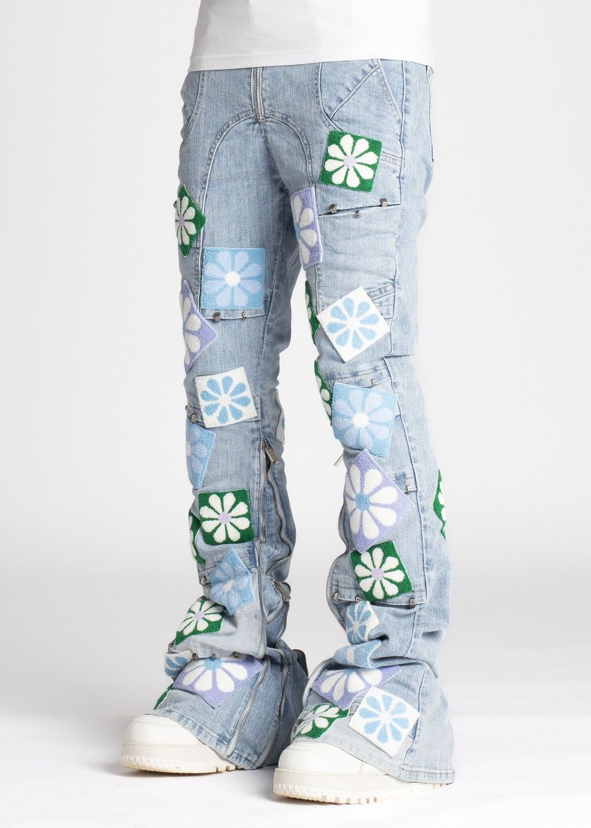 Guapi Aqua Blue Flowers Denim Jeans