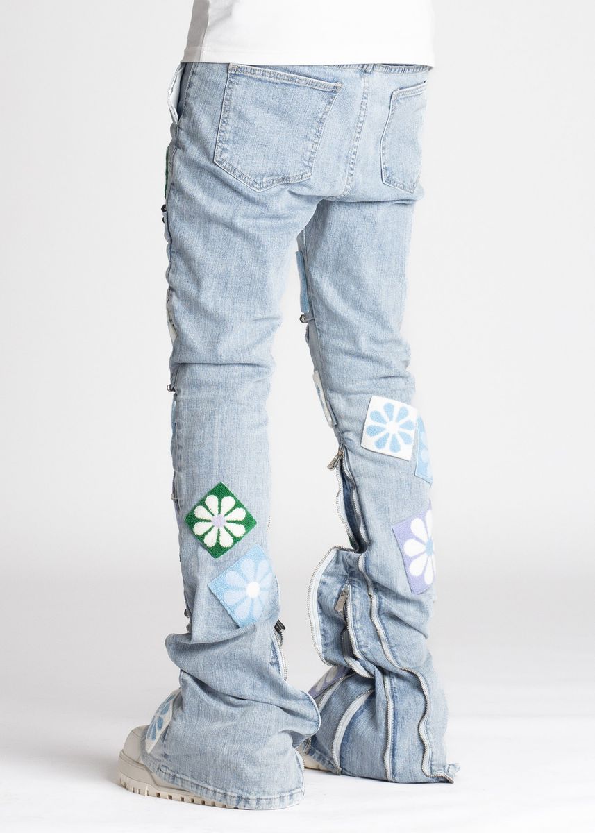 Guapi Aqua Blue Flowers Denim Jeans