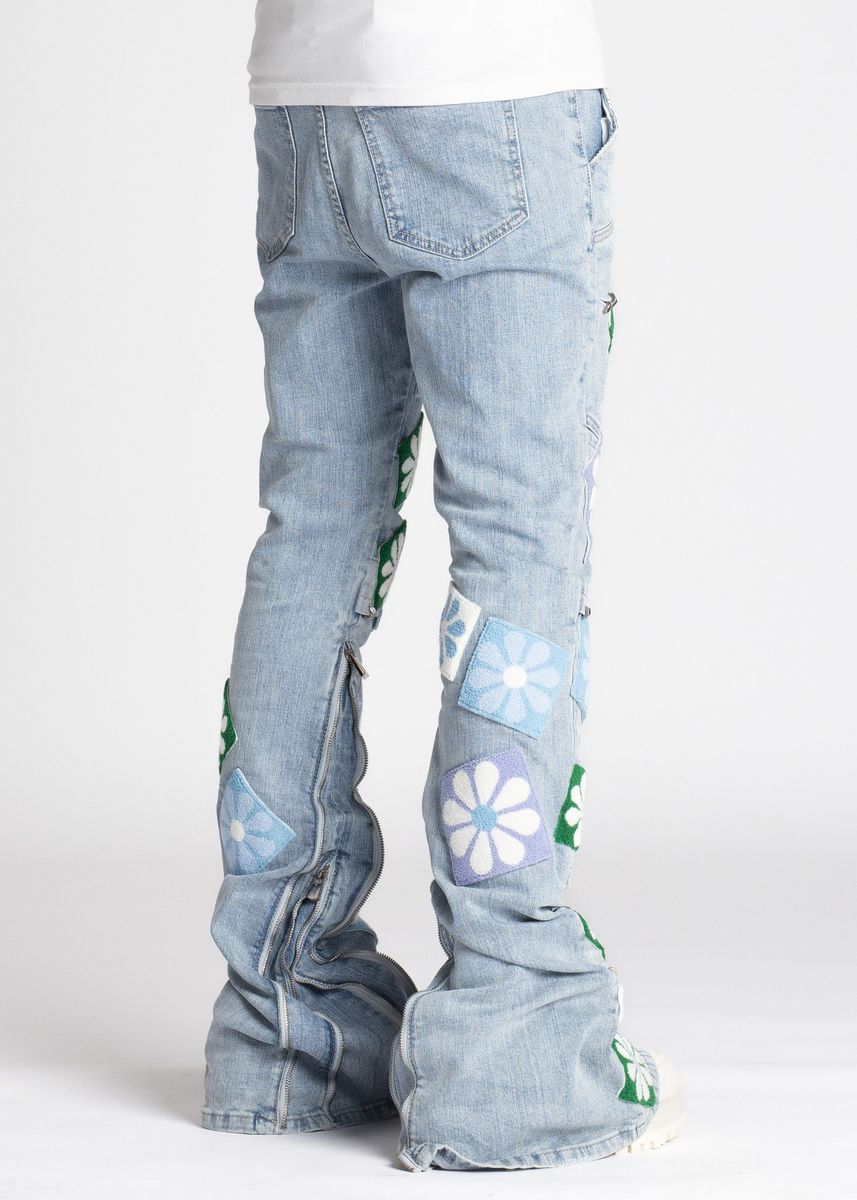 Guapi Aqua Blue Flowers Denim Jeans