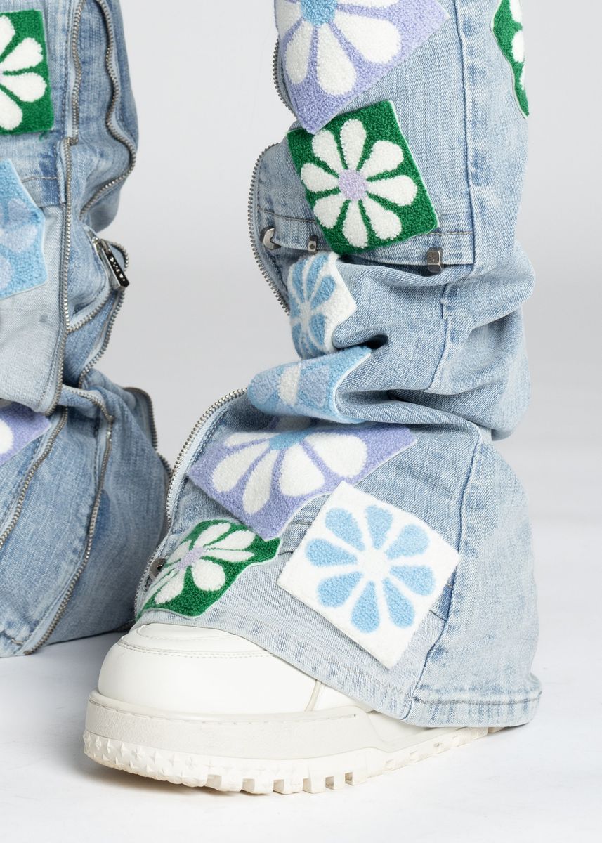 Guapi Aqua Blue Flowers Denim Jeans