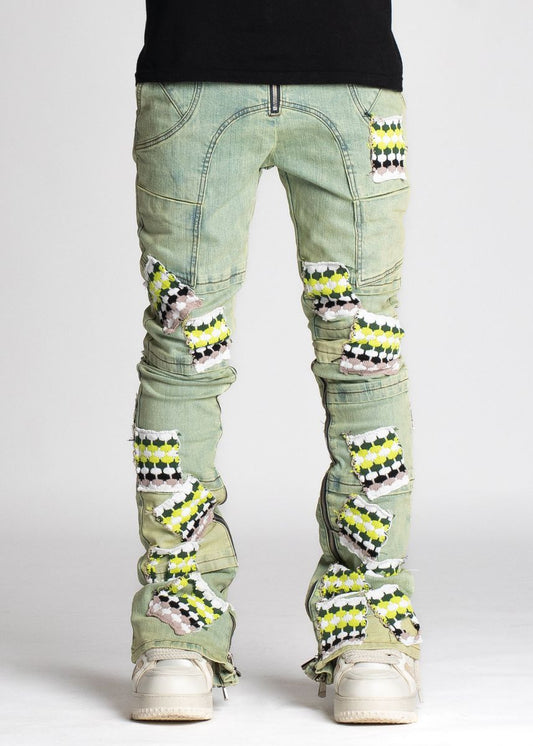 Guapi Slime Green Knit Patches Denim (Slime-Green-Knit-Patches-Denim) Jeans