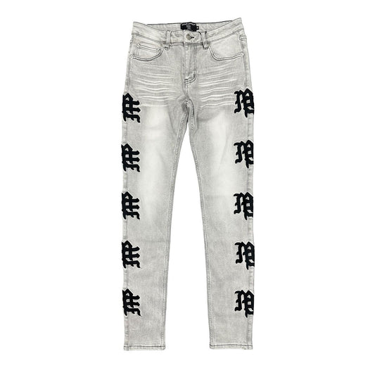 Mixed Emotion  Monogram Denim Grey Wash Jeans