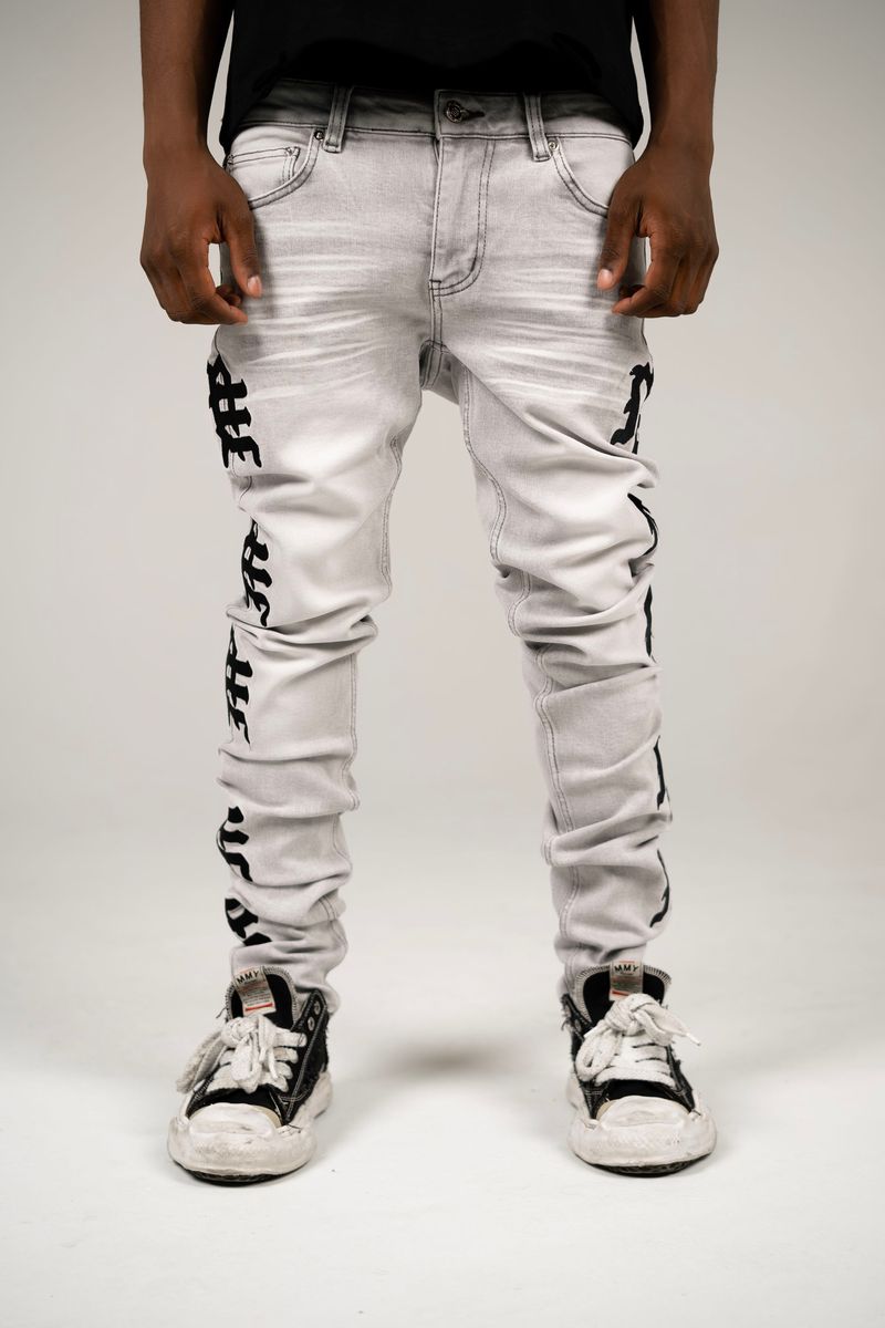 Mixed Emotion  Monogram Denim Grey Wash Jeans