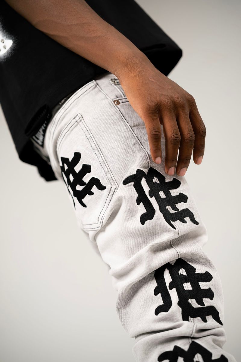 Mixed Emotion  Monogram Denim Grey Wash Jeans