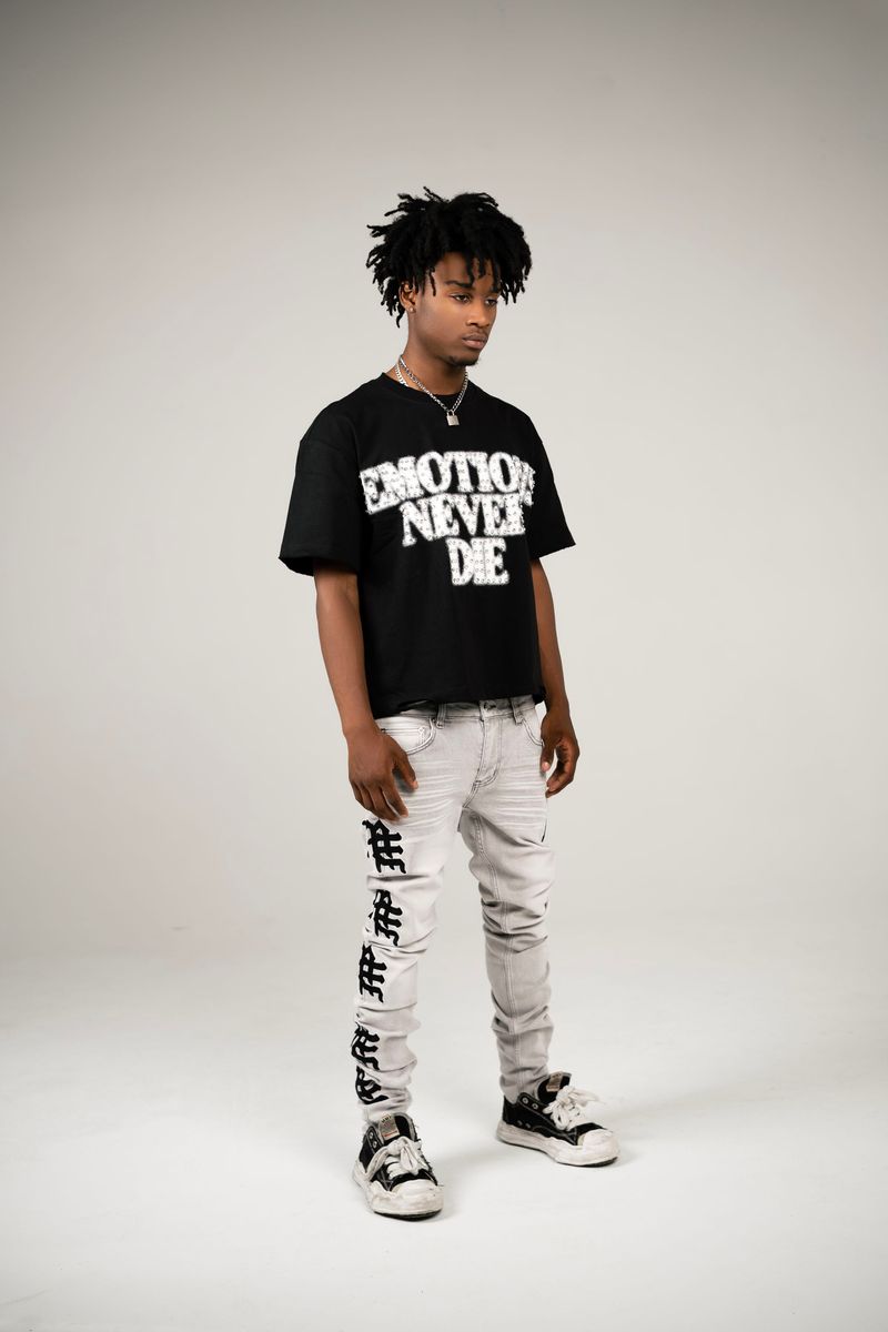 Mixed Emotion  Monogram Denim Grey Wash Jeans