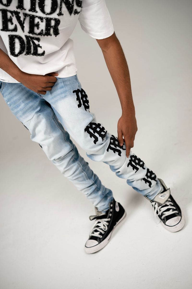 Mixed Emotion  Monogram Denim Light Blue Wash Jeans