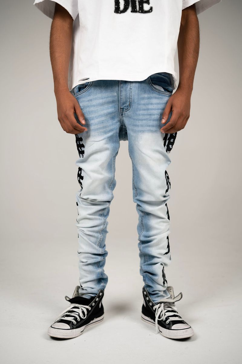 Mixed Emotion  Monogram Denim Light Blue Wash Jeans