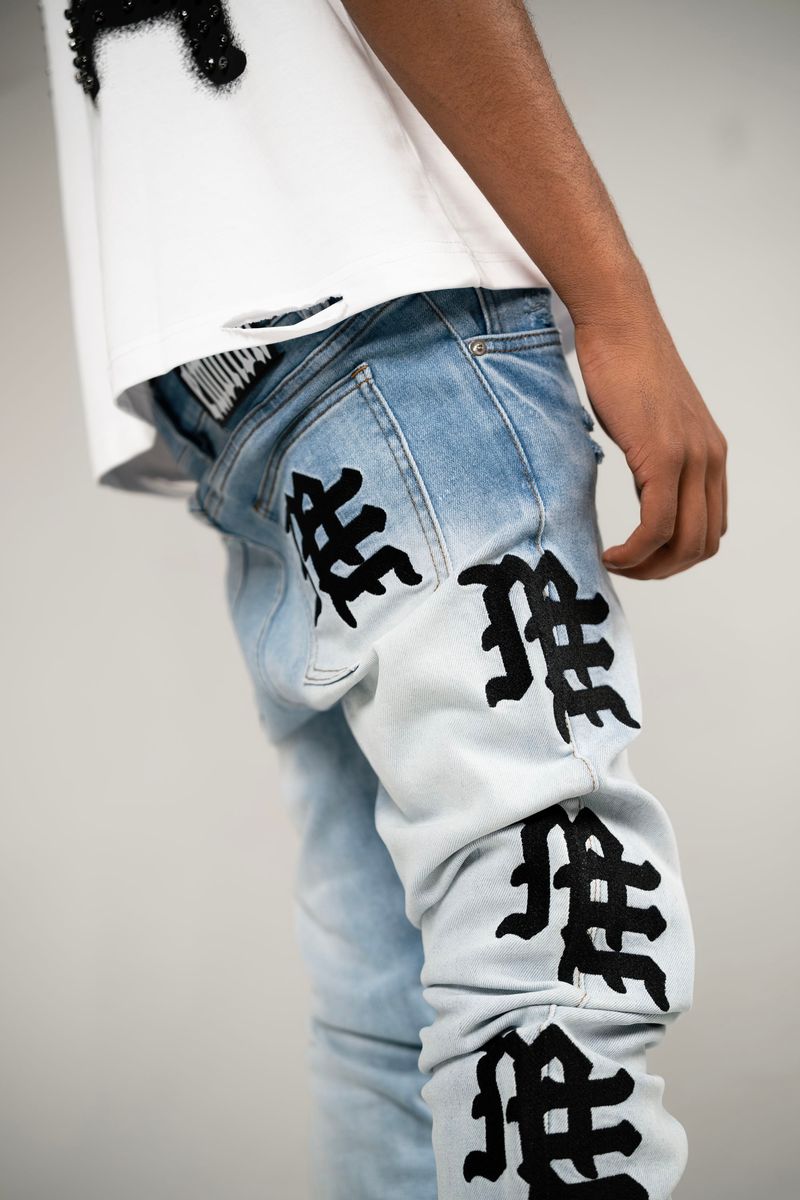 Mixed Emotion  Monogram Denim Light Blue Wash Jeans