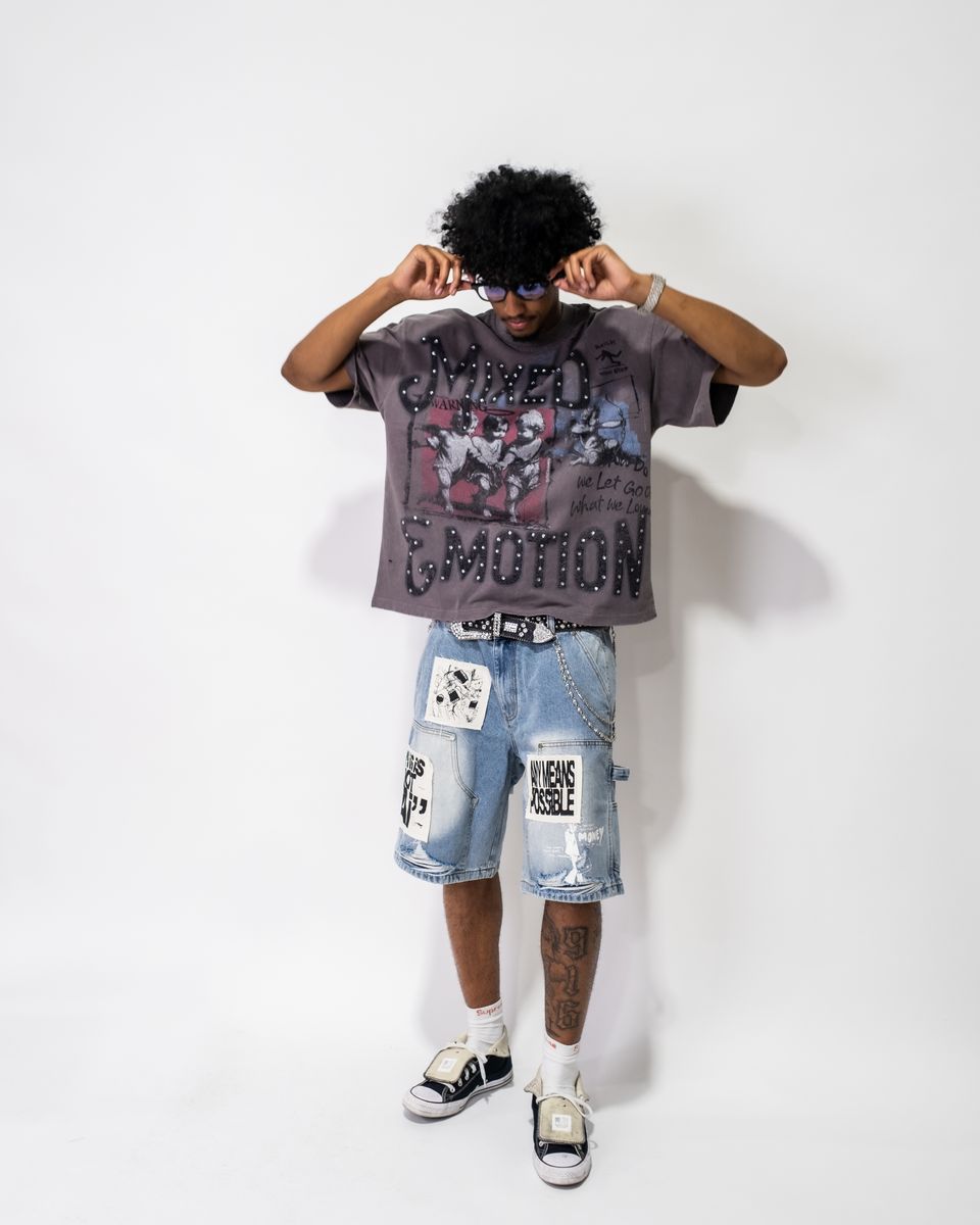 Mixed Emotion Blue “AI” Denim shorts