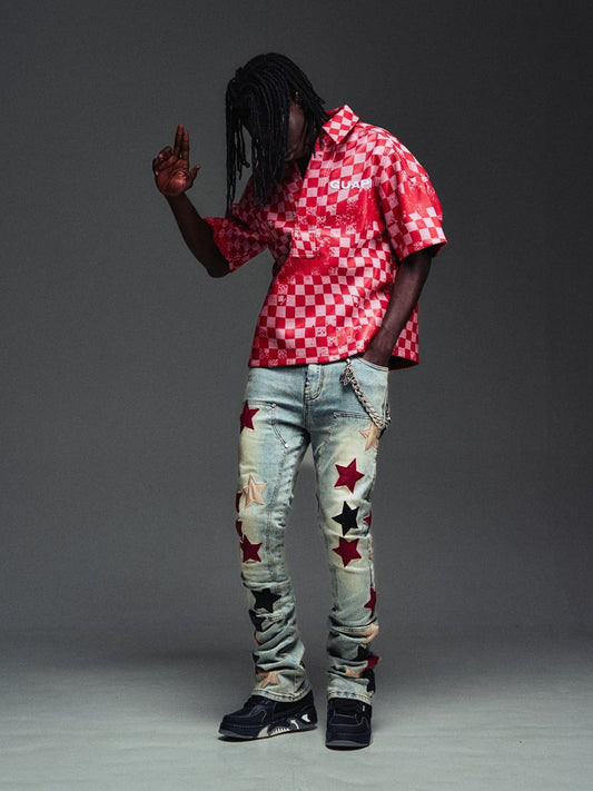 Guapi Wine Red Vintage Stars Denim Jeans