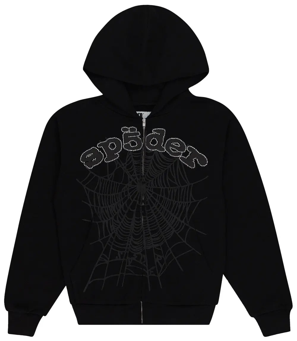 Sp5der x Young Thug Rhinestone Zip-Up Hoodie 'Black'