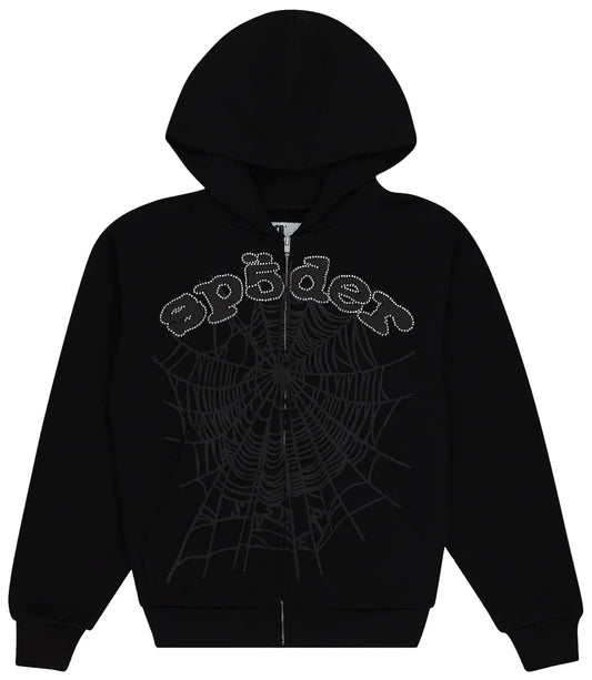 Sp5der x Young Thug Rhinestone Zip-Up Hoodie 'Black'