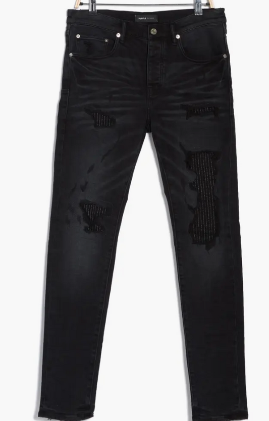 PURPLE BRAND P001 Low Rise Skinny Jeans (Black Lurex Repair Overdye)