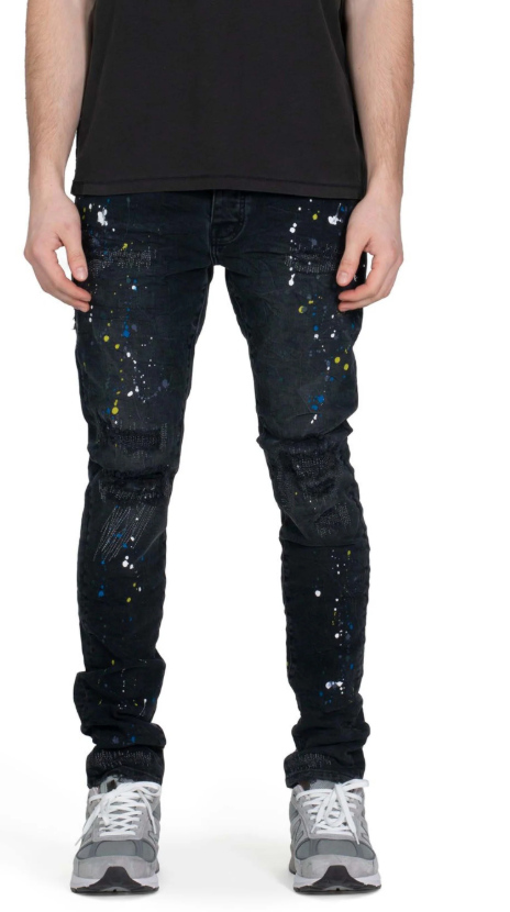Purple Brand P001 LOW RISE SKINNY JEANS - Black Reflective Repair with Paint
