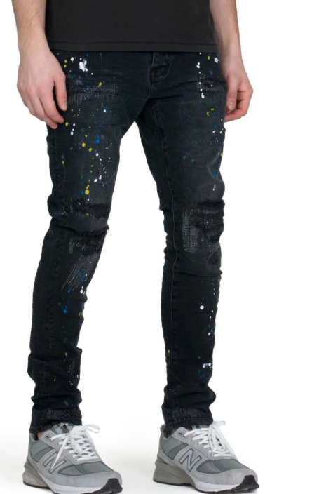 Purple Brand P001 LOW RISE SKINNY JEANS - Black Reflective Repair with Paint