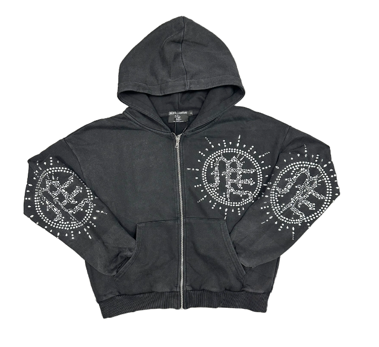 Mixed Emotion Eclipse’ Grey Acid Wash Rhinestone Hoodie
