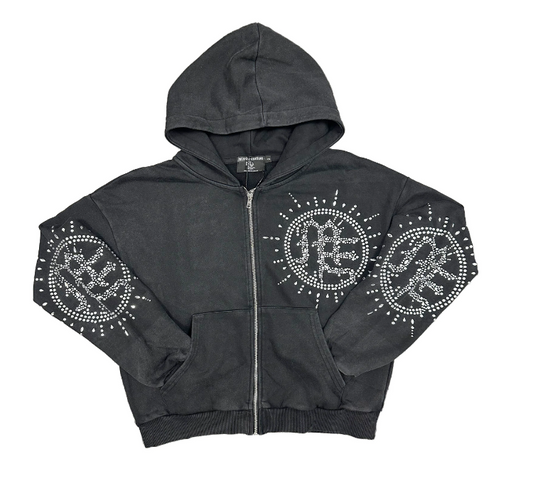 Mixed Emotion Eclipse’ Grey Acid Wash Rhinestone Hoodie