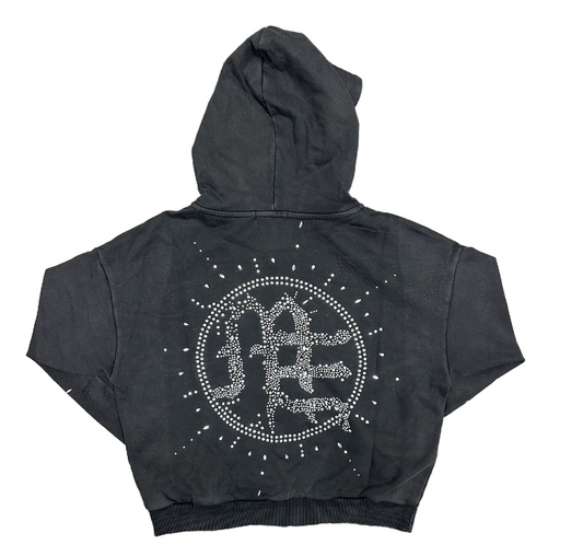 Mixed Emotion Eclipse’ Grey Acid Wash Rhinestone Hoodie